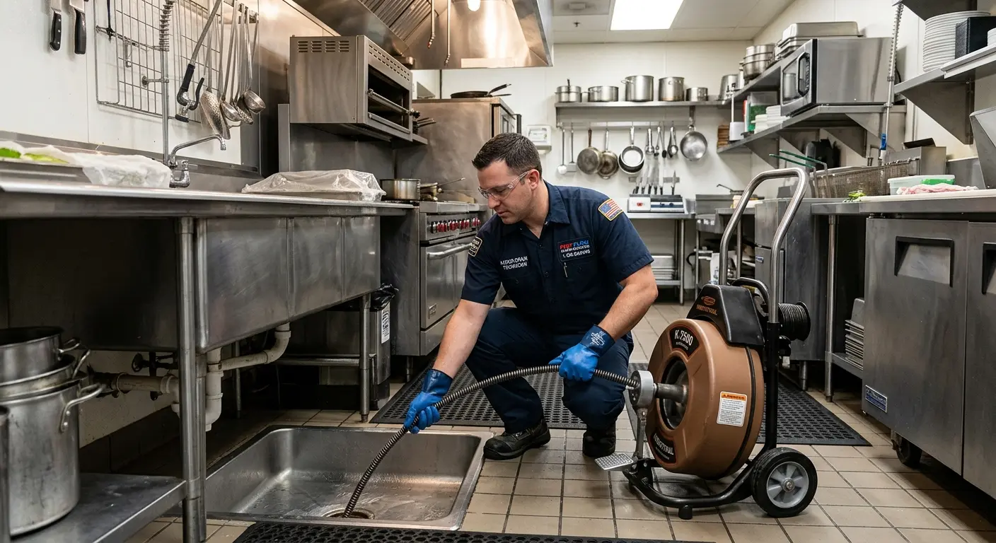 Commercial drain cleaning service in a restaurant kitchen in Upper Dublin