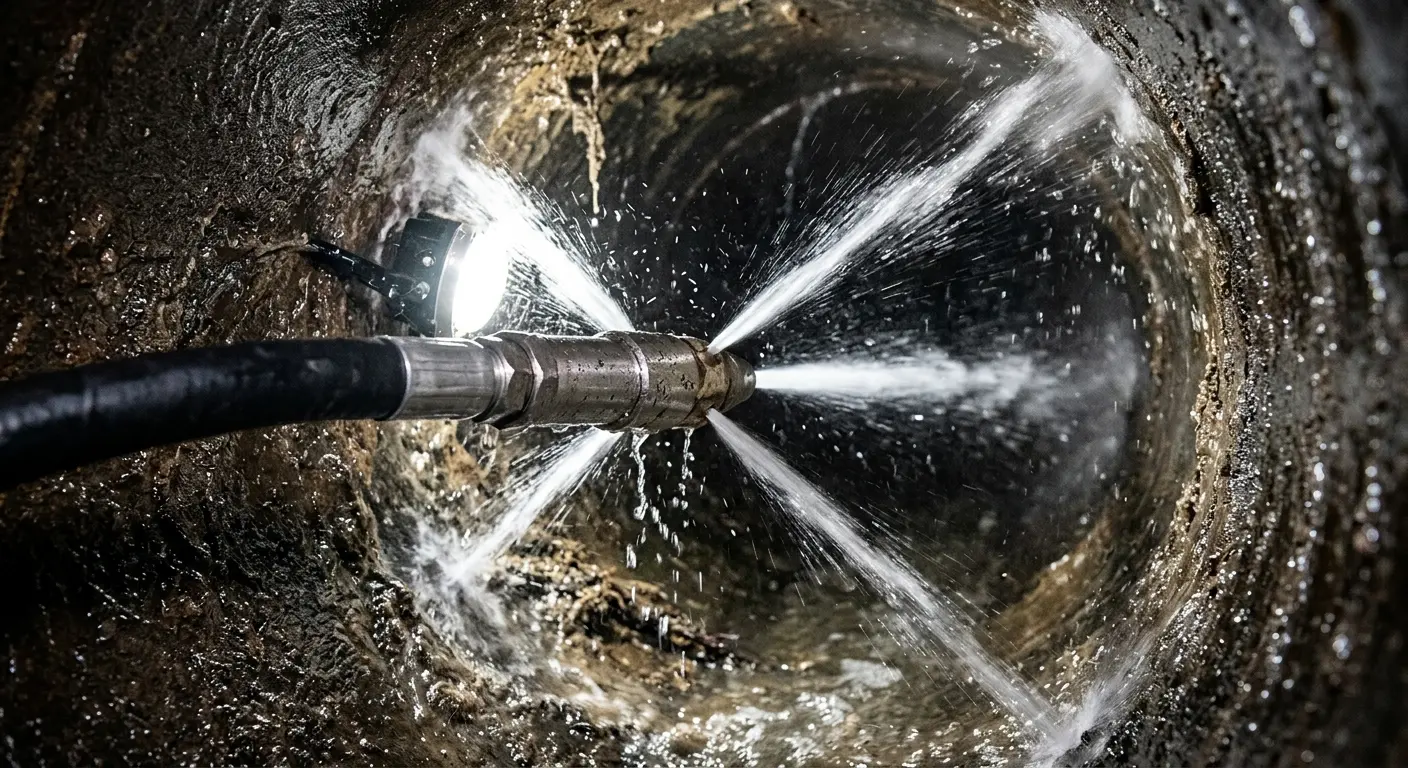 High-pressure hydro jetting nozzle cleaning sewer pipe for Trenchless Sewer Repair in Upper Dublin