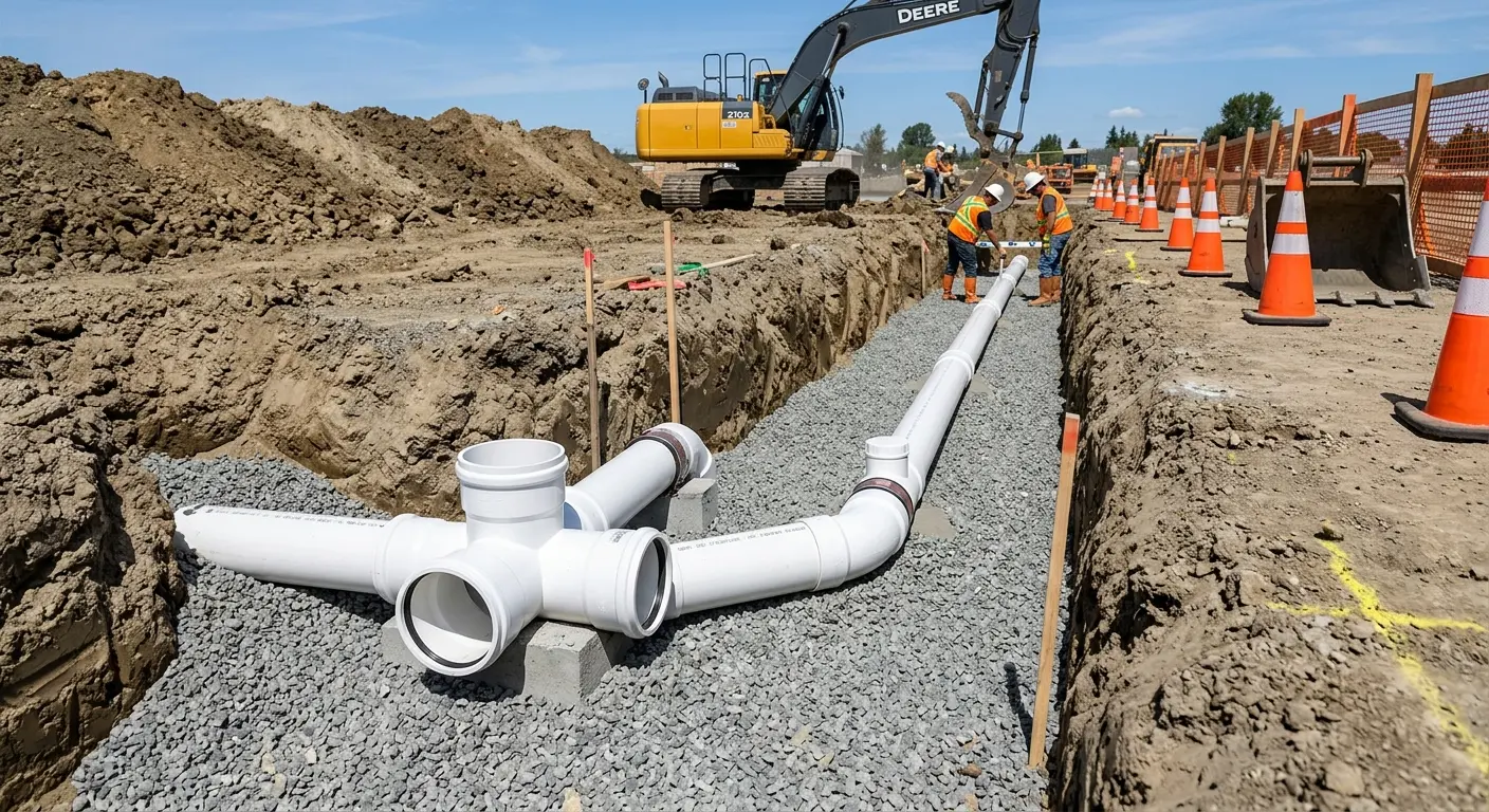 New PVC sewer pipe installation in open trench for Sewer Backup in Upper Dublin